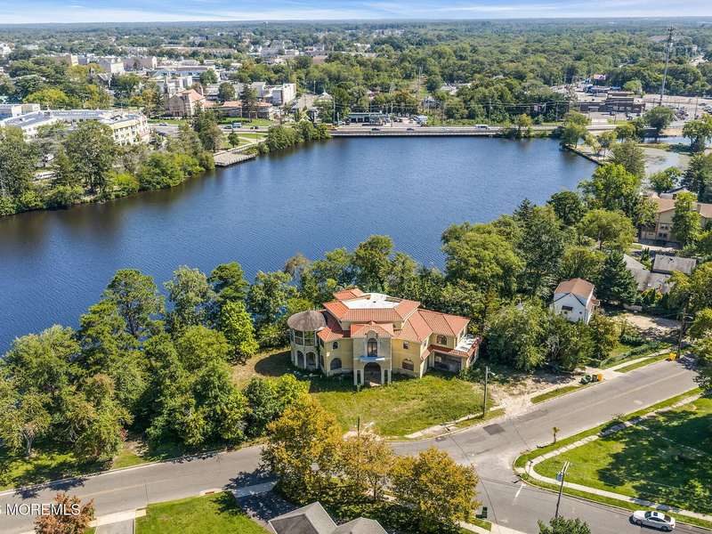 Aerial view of Lake Carasaljo and the South Lake Drive shoreline, Lakewood, NJ